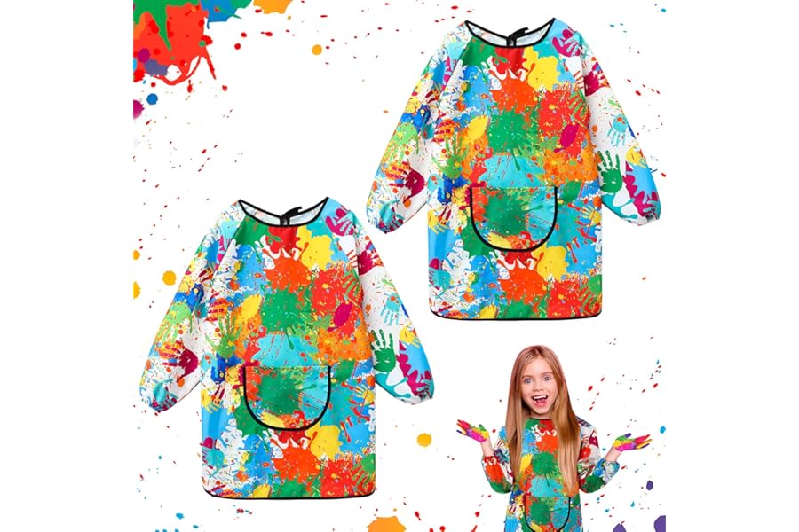 2Pcs Kids Art Aprons for Age 7-12 Years Girls Boys,Waterproof Graffiti Painting Aprons Long Sleeves with Pockets,Kids Painting Smock Toddler Children,Play Apron for Painting,Craft,School,Party