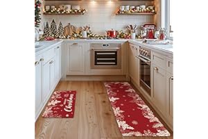 AIBIIN Juego de 2 alfombrillas de cocina con diseño de ramas de pino de acebo, para suelo, color rojo, para invierno, vacaciones, antideslizante, decoración de cocina, 40 x 60 + 40 x 120 cm