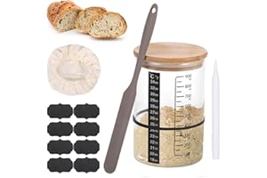 MICHIHOMIE 900 Ml Sourdough Starter Kit, Banetones para Pan, Masa Madre para Hacer Pan Con Goma Elástica, Papel Para Termómetro, 8 Etiquetas, Espátula de Silicona, Tapa de Tela para El Fermentador Rotulador