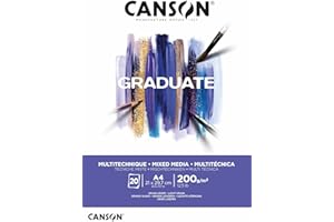 ‎CANSON CANSON Graduate, Mixed Media Papier, leichte Körnung, 200 g/m², an der kurzen Seite geleimter Block, DIN A4 21 x 29,7 cm, Hellweiß, 20 Blatt