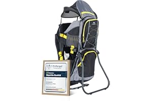 Dromader Kraxe Kindertrage bis 22kg - Baby Rückentrage Wandern mit Sonnendach Regenschutz - Babytrage Outdoor Trekking mit Thermotasche Wickelmatte - Einhändig klappbarer Aluminiumrahmen Schwarz Gelb