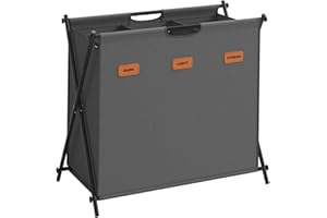 SONGMICS Cesto Portabiancheria, Porta Biancheria Sporca da 135 L, 3 Scomparti, Struttura Pieghevole a X, con Etichette, per Lavanderia Bagno Camera da Letto, Grigio Ardesia LCB130G01