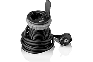 VOREX Enchufe retráctil 1 x Schuko + USB para cocina, oficina, muebles, escritorio. Enchufe empotrable con cable de 1,8 m, 230 V CA, IP20, color negro, plateado, máx. 3600 W, 2,4 A