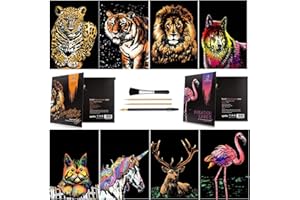 Wbeng Scratch & Sketch Art Paper A4 per bambini e adulti, Pittura arcobaleno Vista notturna Art & Craft, 8 fogli Gratta e vinci e pennarello, Pennello pulito (Beast/Animal)