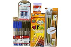 GMM SET SCUOLA BAMBINI KIT SCUOLA DA 33 PZ SET SCOLASTICI DI PENNE, COLORI PASTELLO, MATITE HB, TEMPERINO, GOMME.