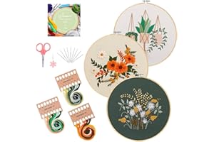 Jecanori Embroidery Starter Kit, 3 Pack Cross Stitch Kit with Floral or Plant Pattern and Instructions, Full Range of Embroidery Kits, Embroidery Hoops, Color Threads and Tool