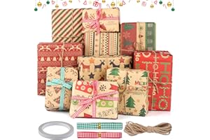 RVLZKCPG Set de Papel de Regalo Kraft Navidad, 10 hojas Papel Envolver Regalo Kraft, 70 x 50cm Papel Envoltura Regalo Navideño con Etiqueta de Regalo, Cuerda para Envolver y Adhesivo de Doble Cara