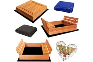 SUNWOOD Sandpit Impregnated 100 x 100 cm Wooden Sand Box with Cover Bench Lid Tarpaulin Sand Box
