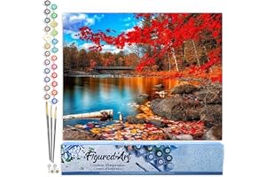 Figured'Art Dipingere con i Numeri - Paint by Numbers Fiume E Foresta D'Autunno, Passatempo per Adulti, Kit Completo, Hobby Creativi - Quadri fai da te 40x50cm senza cornice