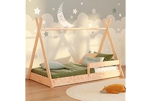 smartwood Cama Casita - Cama Infantil Tipi F de Madera de Pino FSC con Barandilla Anti-caídas y Somier de Lamas hasta 230 kg - para Niño y Niña - Montaje Fácil - 90x190 - Madera - Cama de Suelo