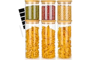 Otauoaea Juego de 6 tarros de cristal herméticos con tapa de bambú para pasta, cereales, frijoles, té y galletas (3 de 1000 ml + 3 de 500 ml)