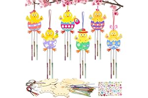 HONMOK 6 Kits Bricolage Poussins de Pâques pour Enfant Carillons à Fabriquer en Bois Poule à Peindre Loisir Créatif Fille Garçon Carillon à Vent Créative Fête Anniversaire(6 Styles)