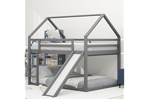 Moimhear Doppelbett Kinderbett 140x200cm, Hausbett Etagenbett mit Rutsche und Leiter, Kinderzimmer Hoch-Doppel-Stockbett (Grau)