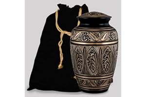 FOREVER URNS - CHERISH THE MEMORIES Forever URNS Adult Cremation Urn with Brass Black Beauty Hand Engraved Finish for Human Ashes of Female & Male | 200 cu in | Large | Black Golden | Completely Handcrafted with Velvet Bag (Design 2)