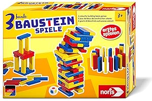 noris 606012165 Colourful Building Block Games (Building Blocks from 3 Years) - 54 Wooden Building Blocks with Game Ideas (Wobble Tower, Houses Building & Domino Snake), Toy for Children