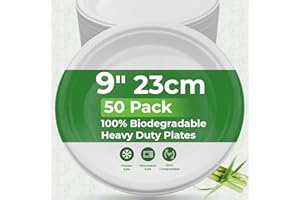 PRIME FEEL 9 Inch Disposable Paper Plates (50 Pack) 100% Compostable Sugarcane Heavy-Duty Eco Friendly Plates for Party Events, BBQs, Camping, and Picnics