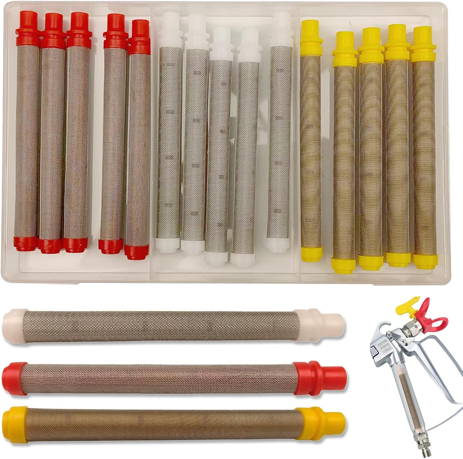 Juego de 15 filtros de pulverización sin aire, malla 60/100/200 elementos de acero inoxidable para pistolas de pintura, 100 mm de longitud para revestimientos y trabajos de pintura