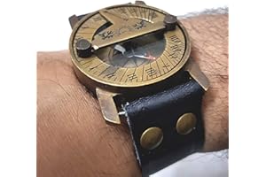 FOXCUP Maritime Steampunk Sundial - Reloj de pulsera de latón con brújula de navegación antigua, correa de piel, color negro