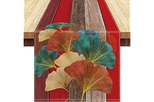 LRartdeco Runner Tavola Rosso Rustico Retrò Runner da Tavolo Ginkgo Foglie Motivo per Il Tavolo per Tavolo da Pranzo Agriturismo Festa Picnic Cucina Decorazione
