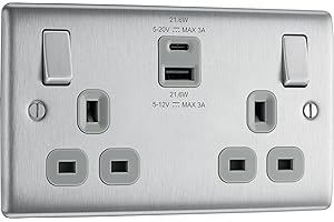 BRITISH GENERAL BG Electrical 22W Double Switched Wall Plug Socket with Fast Charge Type A & C USB Charging Ports, Nexus Metal, Brushed Steel, Grey Inserts, 13A, NBS22UAC22G