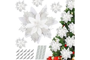SULOLI 12 Pezzi Fiori per Albero Natale,Fiore Finti con Clip,Fiori Artificiali con Glitter Polvere per Decorazioni Natalizi,Ghirlanda (Bianco)