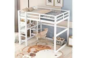 KECDUEY Letto a soppalco 140 x 200 cm, struttura del letto con vano portaoggetti, completamente in pino, con 4 ripiani e una scrivania per ragazzi e ragazze (bianco)