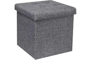 Bonlife Cajas de almacenamiento otomanas plegables de tela de lino gris con tapas, cubo pequeño de 32 cm, caja de almacenamiento para sala de estar