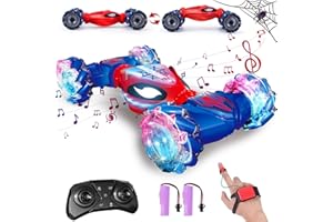 Yellcetoy Spider Voiture Telecommandé Tout Terrain, RC Stunt Auto avec la Main 2,4 GHz 4WD Offroad RC Car avec Musique et Lumière, Cadeau Enfants 6 7 8 9 10+ Ans Bleu & Rouge