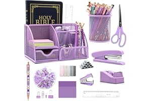 QPENGUINBABIES 12-in-1 Lila Bürobedarf Schreibtisch-Organizer und Zubehör-Set, Bürobedarf mit lila Hefter, Stifthalter, Klebebandhalter, Heftklammern, Klammerentferner für Schule und Geschenke für Kollegen