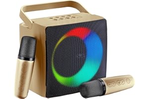 GJCrafts Karaoke Machine mit LED-Licht, Bluetooth Karaoke Lautsprecher mit 2 Drahtlosen Mikrofonen, Karaoke PA-System Support AUX, USB, TF, Karaoke Anlage für Familienfeiern, Picknick(Gold)