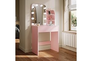 ELEGANT Pink Dressing Table with Hollywood LED Lights Mirror, Vanity Table with 1 Large Drawer & 2 Shelves, Large Storage Makeup Table for Women Girls Bedroom