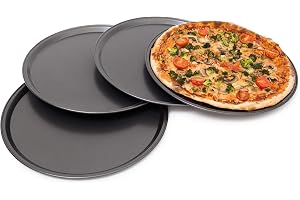 Relaxdays rund pizzaplåt, bakplåt set om 4, ugnsplåt i stål, bakform för pizza och paj, pizza tray, diameter 33 cm