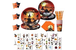 ASSUGO Halloween Geschirr 80 Stück, Tischdeko Set Mit Pappteller, Becher, Servietten, Strohhalme, Bonbonbox, Kürbis Tattoo Sticker, Partygeschirr für Kinder, Grusel Party (10 Psc)