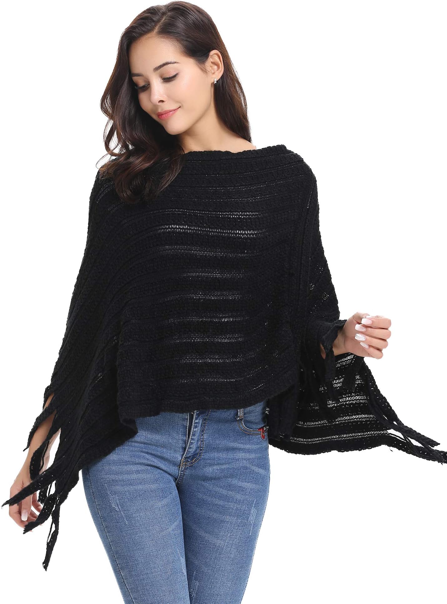 Women Poncho Vintage Tassels Ribbed Knitted Blanket Cape Shawl Poncho Sweater Cardigan