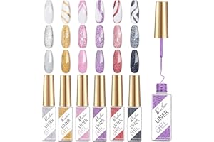 Rechoo 6pcs Liner Semipermanente Unghie Glitterato, 8ml Reflective Glitter Liner Nail Gel Polish, Gel Semipermanente Unghie per la Pittura di Linee-Set B