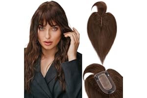 TESS Hair Topper per Donna Capelli Veri Clip con Frangia #4 Marrone, Toupet Frangetta (Silk Lace Base 7cm*13cm) Humam Hair 33g 25cm