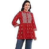 Yash Gallery Women Cotton Regular Fit Geometric Print Hip Length 3/4th Sleeve Collared Neck Short Kurti