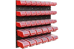 ‎SIMPLETHING Lagersystem Werkstattregal | 78 x 78 cm | 36 stck. Box | Wandregal mit Stapelboxen - Wandplatten Extra Starke Schüttenregal Warkzeuglochwand Lagerregal Garage Regal