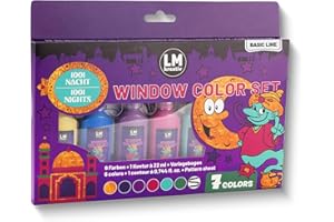 LM-Kreativ Window Color Set – 1001 Nacht, 7 Fenstermalfarben á 22 ml, inklusive Konturenfarbe Schwarz, 14 fantasievolle Vorlagen, für kreative Fensterbilder und Bastelspaß auch zu Ramadan