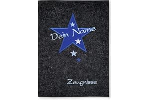 ‎GOLDI-DESIGN Goldi-Design Zeugnismappe Stern anthrazit/blau personalisiert mit Namen 100% Wollfilzumschlag und Sichtbuch DIN A4 mit 20 Hüllen