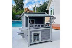 AIVITUVIN Outdoor Feral Cat House Wooden Kitty Shelter with Large Balcony,Escape Door,Waterproof