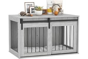 PawHut Dog Crate Furniture, Large Dog Cage with Barn Door for Large Breeds, End Side Table Pet Kennel with Removable Cushion for Indoor Use, 80 x 54 x 57cm, Grey