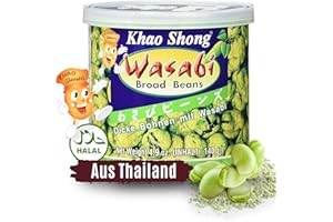 ‎KHAO SHONG Khao Shong Dicke Bohnen mit Wasabi, knackige Bohnen im scharfem Teigmantel, fettärmere Alternative zu Nüssen, mittlere Schärfe, (1 x 140 g Dose)