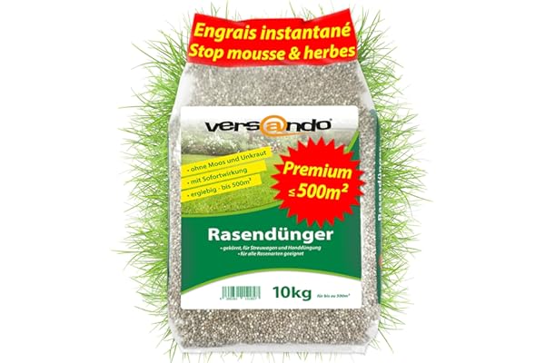 versando 10kg jusqu'à 500m² d'engrais gazon printemps: repousse la mousse et les mauvaises herbes pour un gazon sain et bien vert Engrais de printemps à effet immédiat - qualité Premium