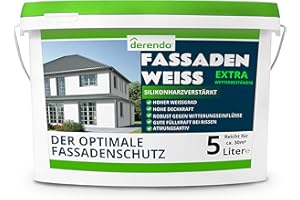 derendo Fassadenfarbe weiß silikonharzverstärkt mit EXTRA Wetterschutz, 5l, Fassaden Farbe mit hoher Deckkraft und guter Füllkraft bei kleinen Rissen, weiss matt