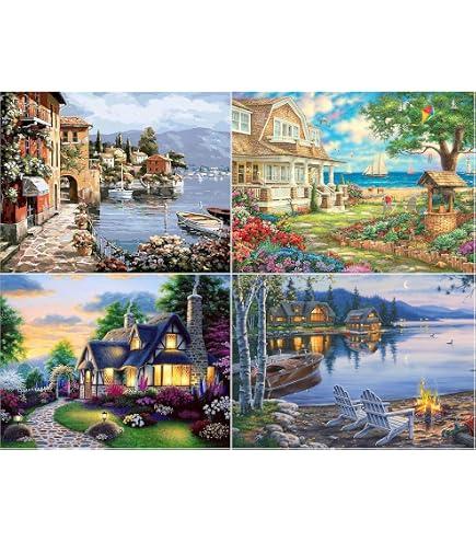 Kit Broderie Diamant 4 Lots Paysage Rural Et Bord De Mer 40x30cm - Diamond Painting 5D DIY Pour Adultes Et Enfants