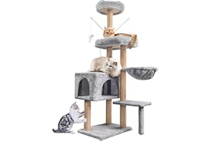 HOMIDEC Kratzbaum, 145 cm Katzenbaum Kletterturm, Katzen Kletterbaum Aktivitätskratzbäum Katzenmöbel mit Sisal Säulen, Katzenspielzeug, Katzen Höhle