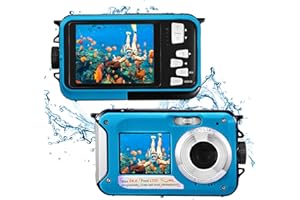 Fotocamera Digitale Impermeabile,Couleeur Macchina Fotografica Subacquea Full HD 2.7K 48MP Doppio Schermo Anti-Shake con Microfono LED Autoscatto e Zoom Digitale 16X per Bambini Adolescenti(giallo)