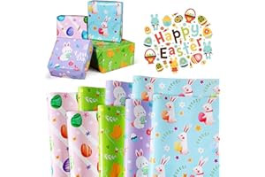 Sinmoe 12 Hojas Papel de Regalo de Pascua 68.58 x 50.8 cm 4 Estilos Papel de Regalo de Conejo Huevo Papel de Bricolaje de Arte de Dibujos Animados de Acuarela para Decoración Primavera (Pascua)