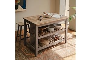 Statement Furniture Florence Breakfast Bar, Slatted Shelves, Hidden Tray, Chopping Board, Acacia Wood Top, Kitchen Island W126cm H91cm D78cm (truffle)